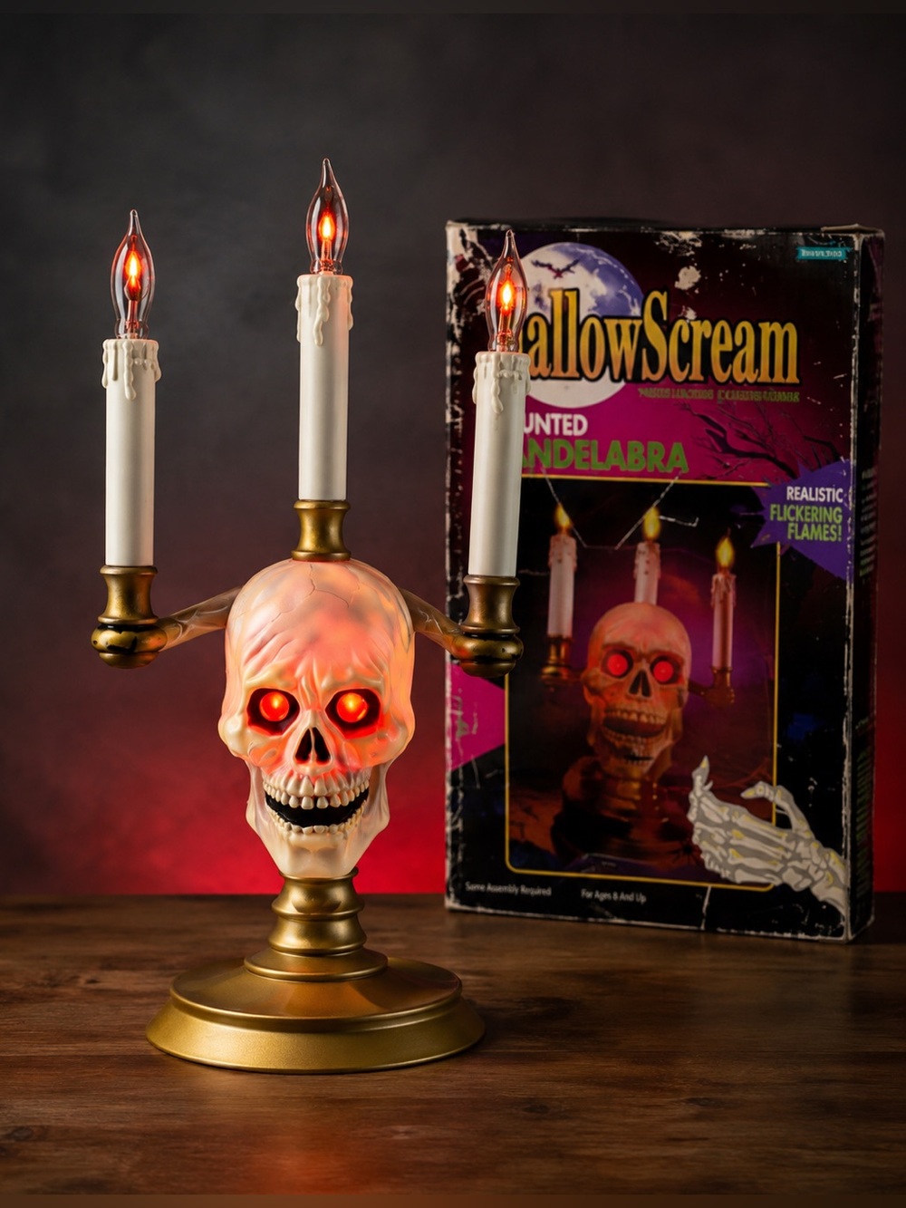 Haunted Hallow Scream 90s Halloween Skull Candelabra Red Eyes and Flame Lights